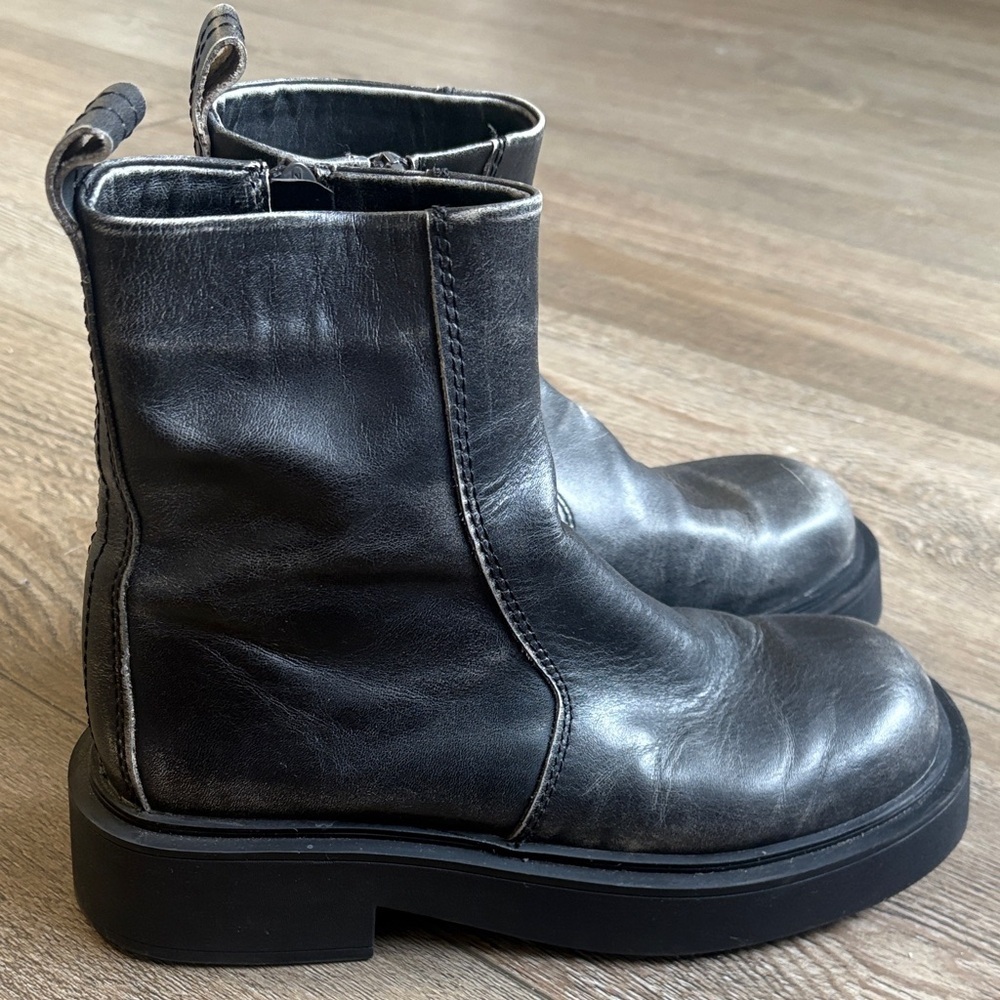 Zara Intentionally Distressed Leather Worn in Black Charcoal Grey Ankle Boots 38